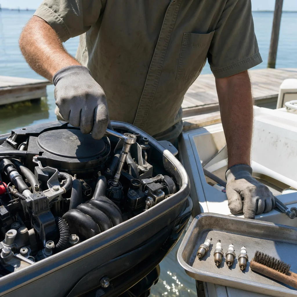 Technician in work gloves inspects outboard engine components dockside with water and moored boats visible.