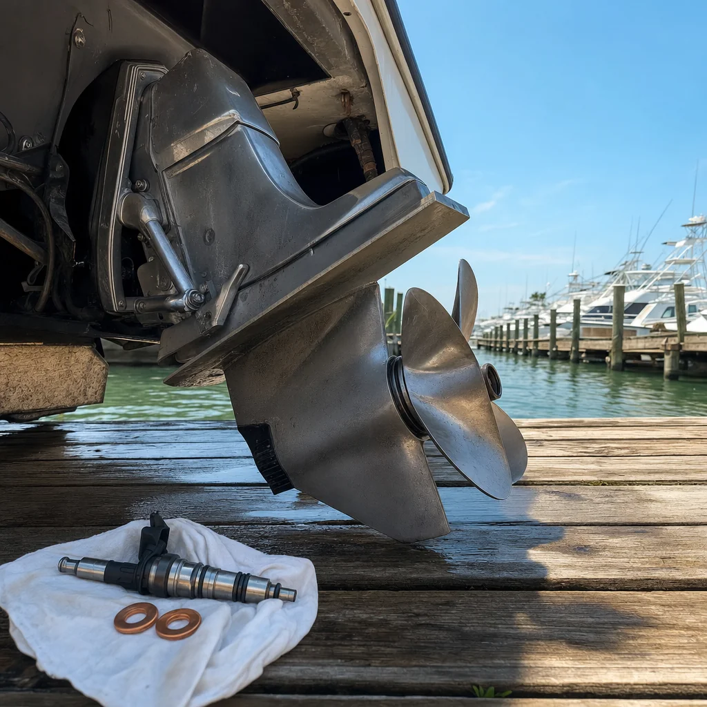 Outboard engine removed from boat at Panama City dock with propeller and internal components displayed on wooden pier.