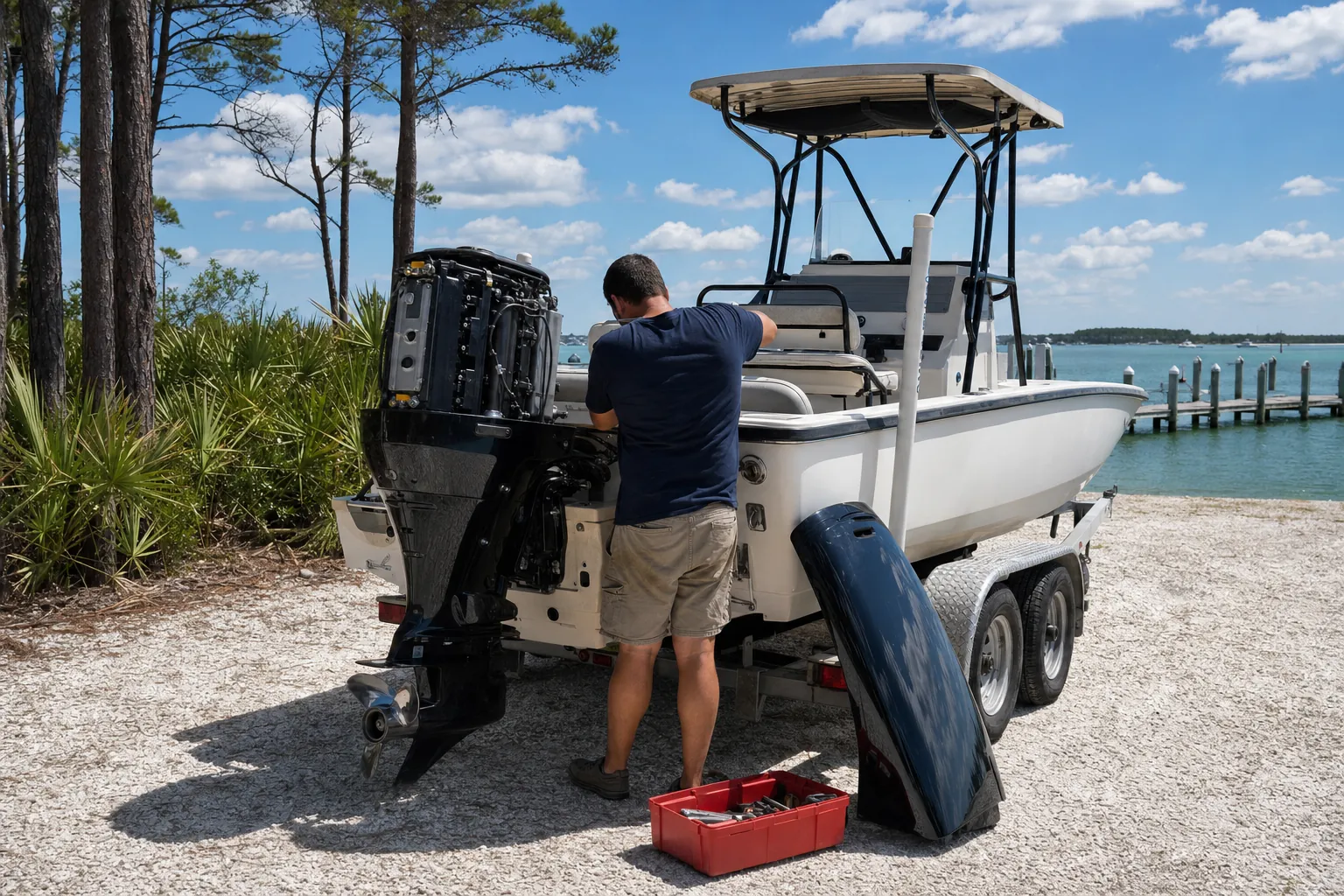 Technician services outboard engine on boat trailer at waterfront in Panama City.