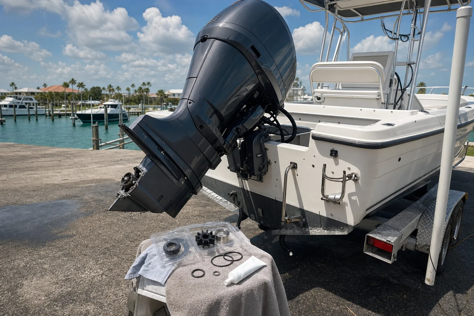 Outboard engine with disassembled parts displayed on dock during Panama City boat repair service.