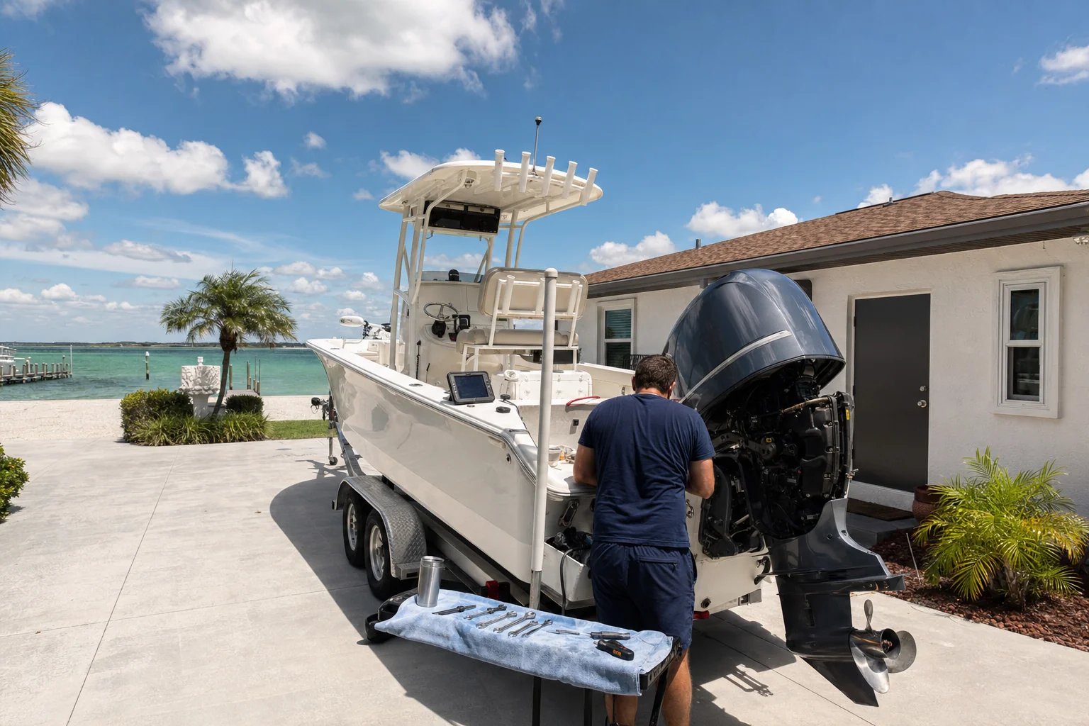 Technician services outboard engine on boat trailer in residential driveway with turquoise water visible.