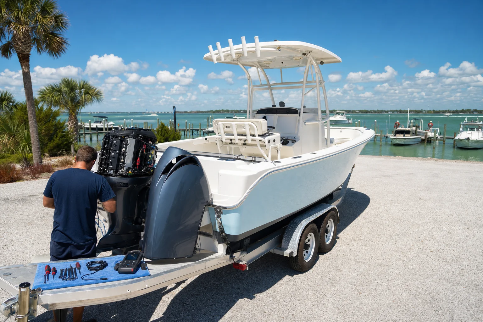 Technician services outboard engine on boat trailer in Panama City marina setting with palms and waterfront.