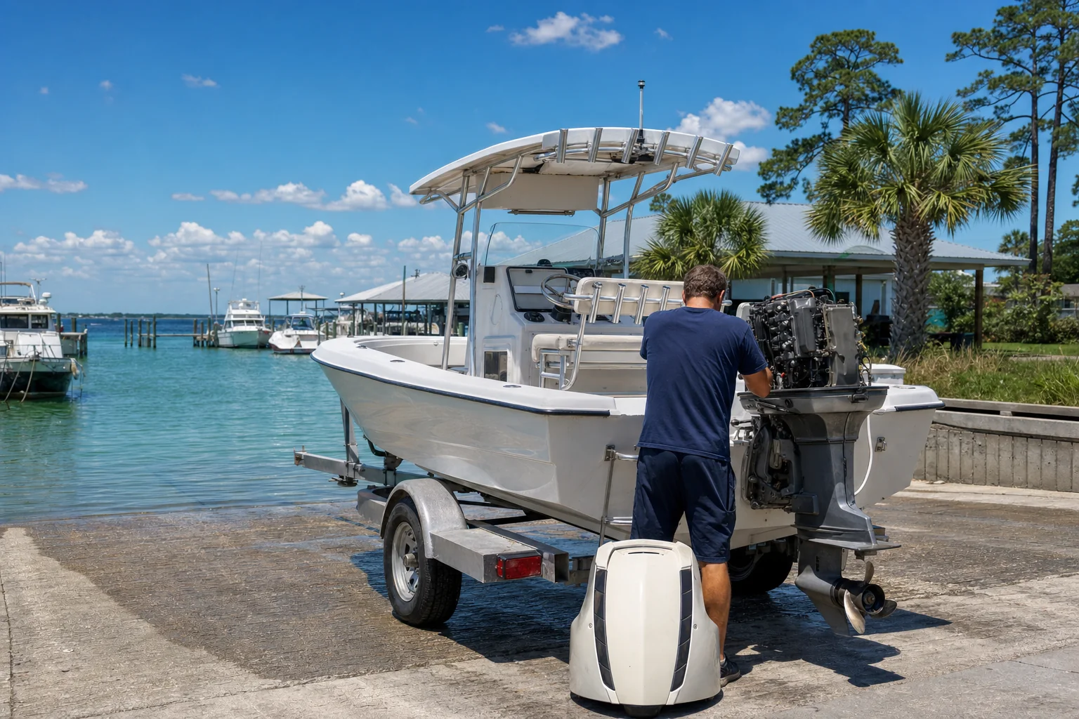 Technician services outboard engine on boat trailer at Panama City waterfront launch.