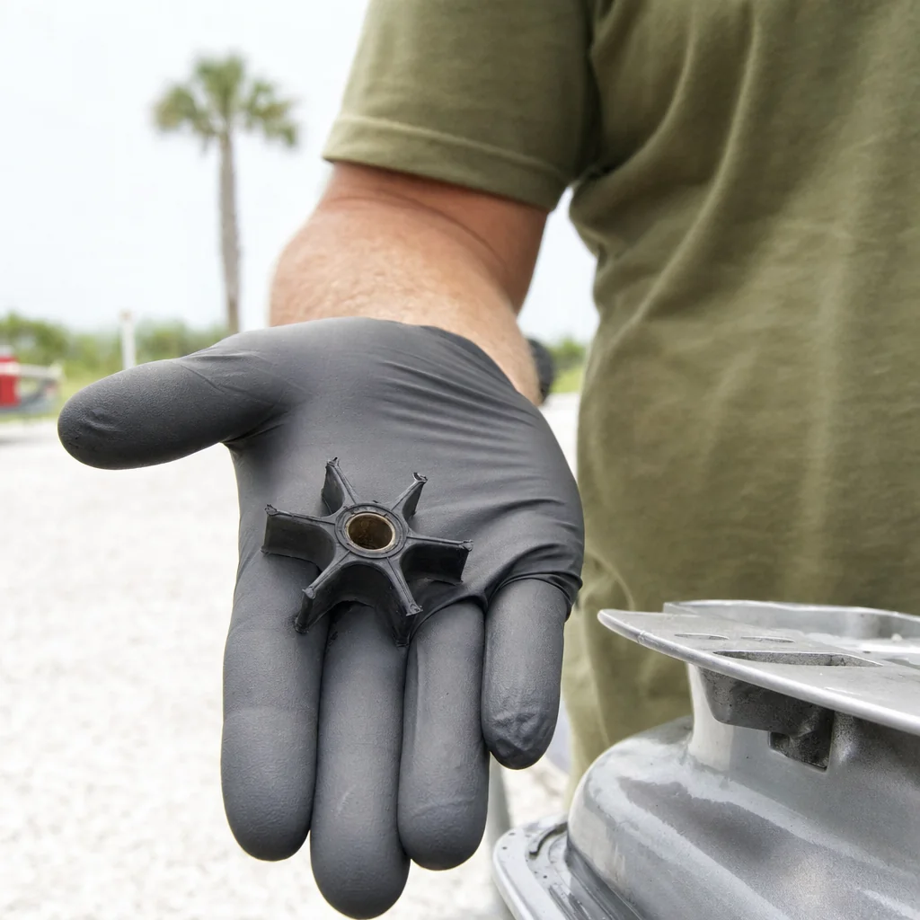 Technician in gloved hand holds impeller from outboard motor during service inspection.