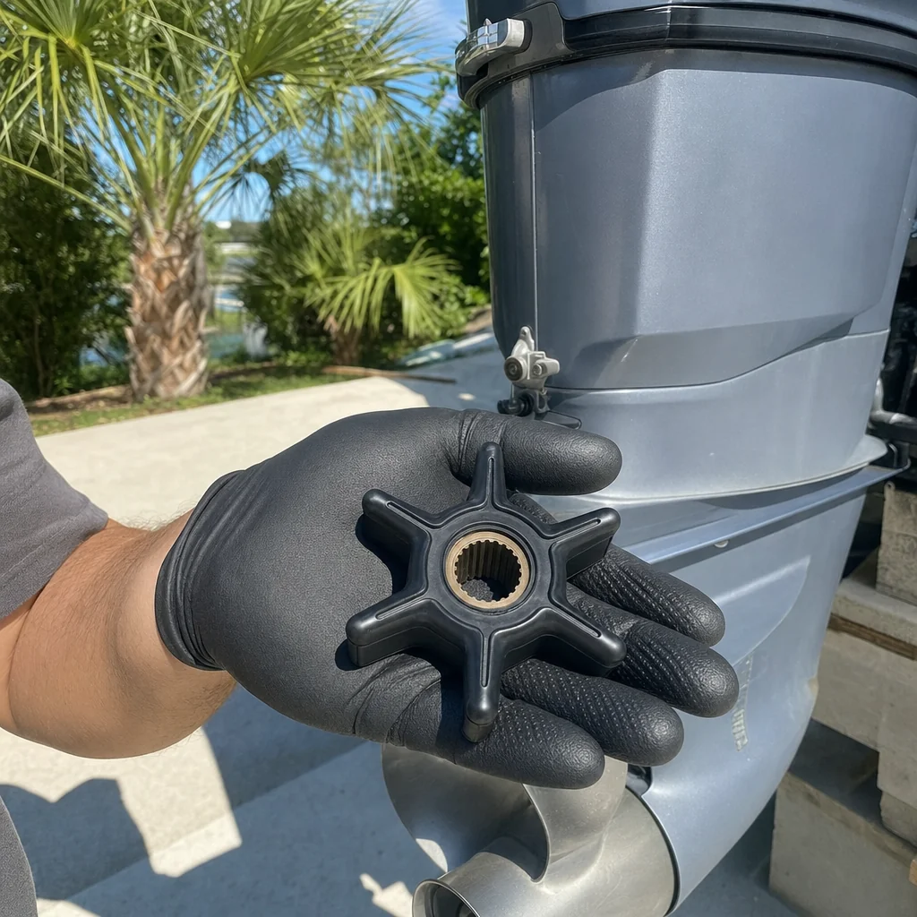 Technician in work gloves holds marine impeller part during outboard engine service in Panama City driveway.