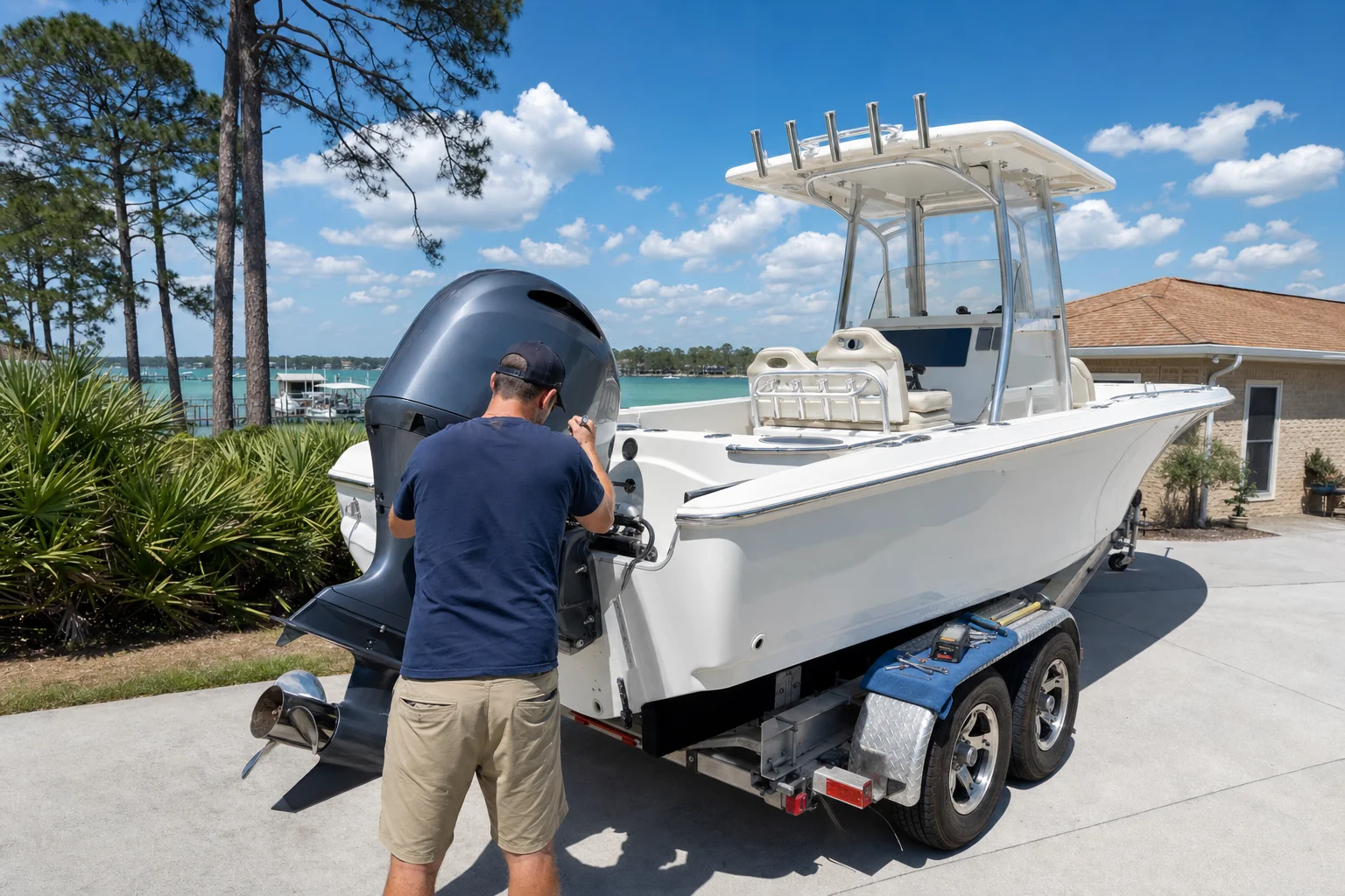 Technician inspecting outboard motor on boat trailer in Panama City driveway with waterfront visible.