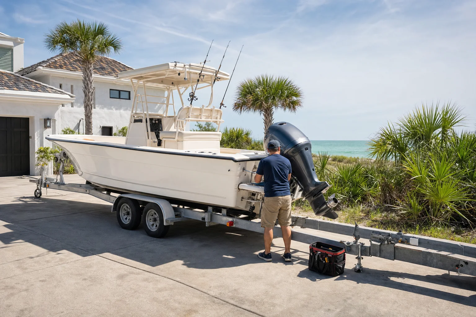 Technician inspects outboard motor on boat trailer in coastal driveway with palms and ocean view.