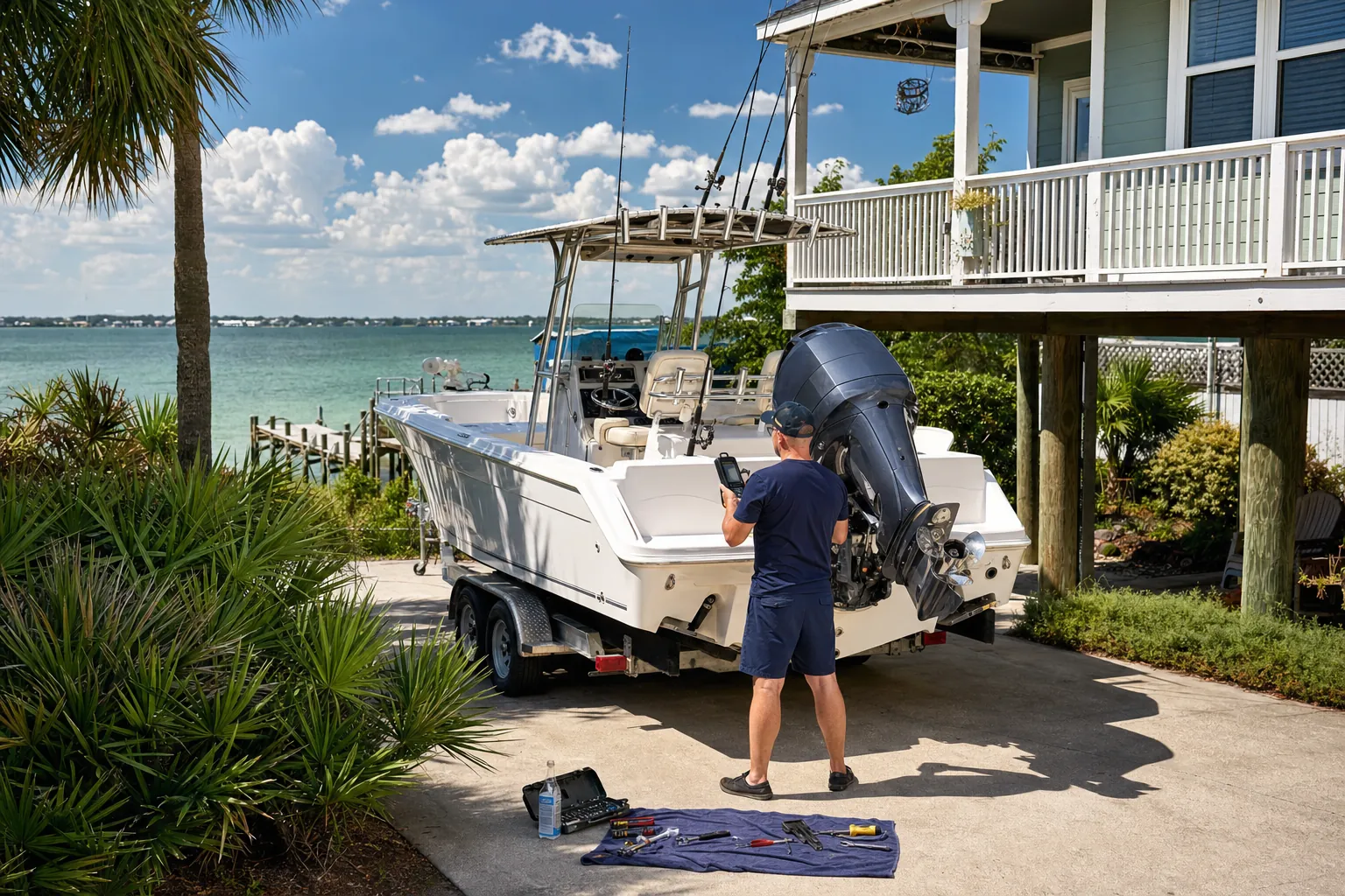 Technician inspecting outboard motor on boat trailer in residential driveway with water view.