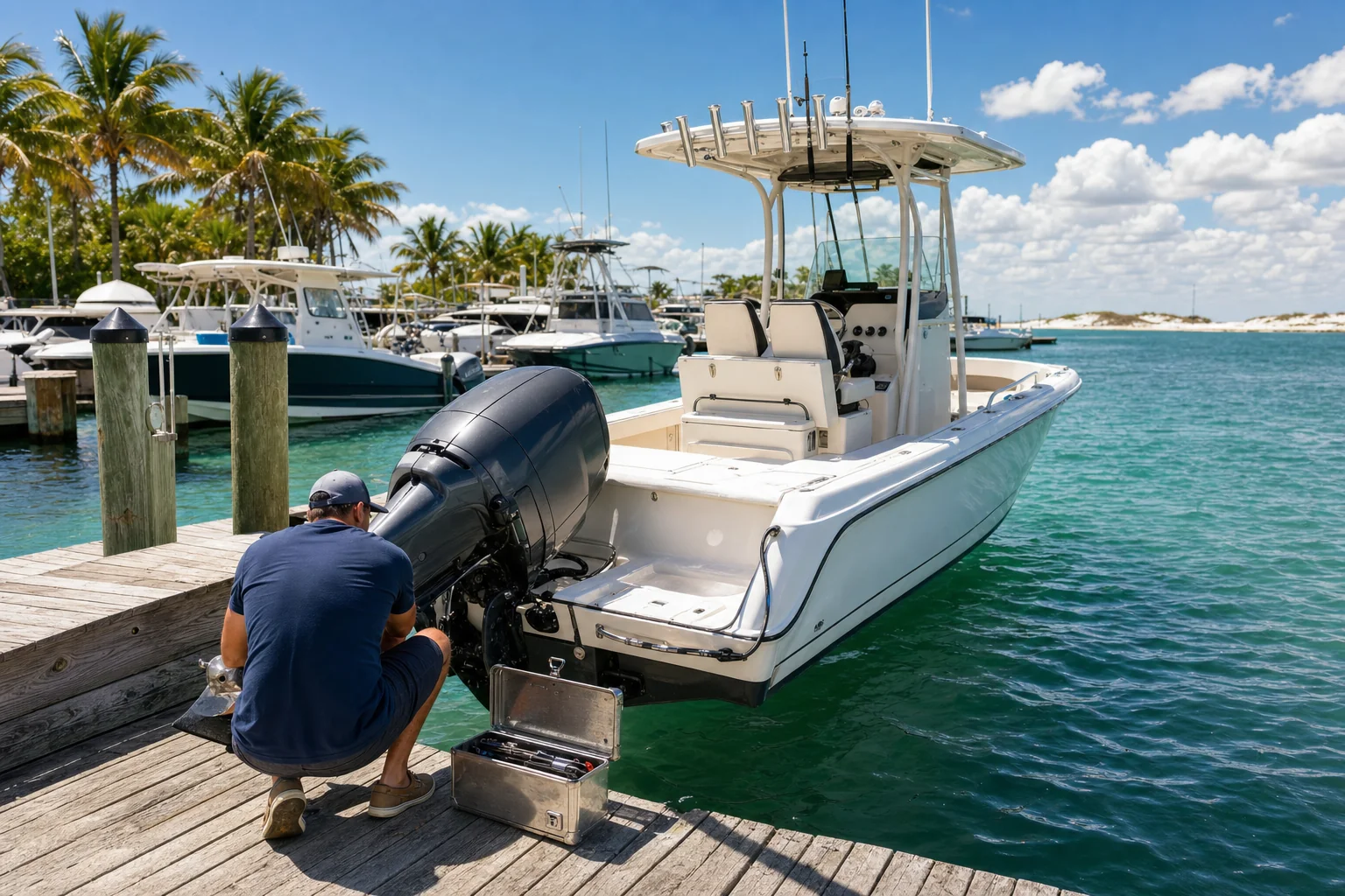 Technician inspecting outboard motor on boat at Panama City marina dock.