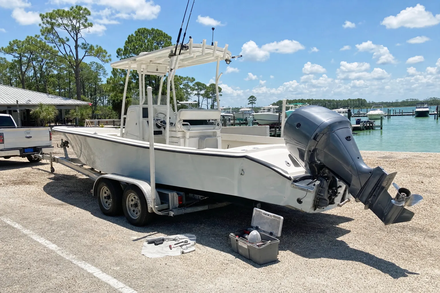 Outboard motor repair setup at Panama City boat launch with tools and diagnostic equipment spread on gravel.