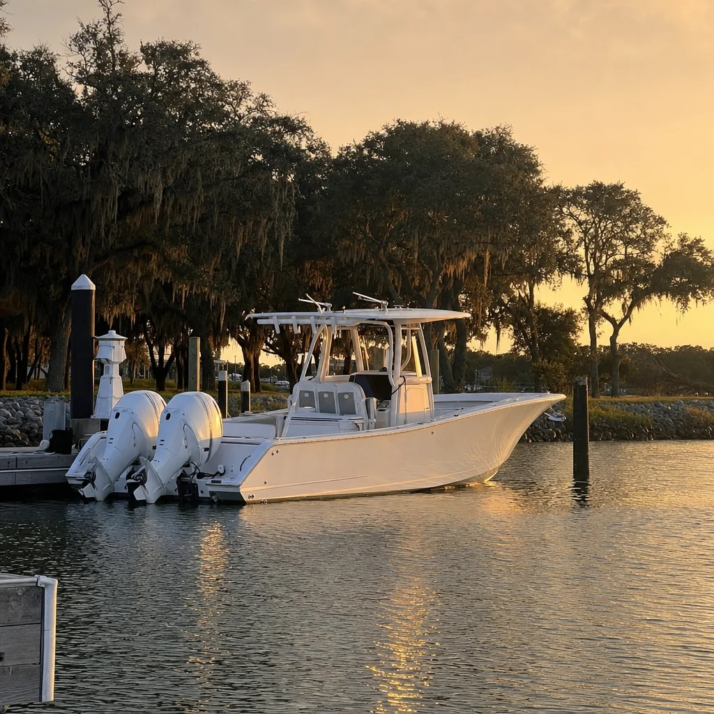 Twin outboard engines mounted on white center console fishing boat docked at Panama City marina at golden hour.
