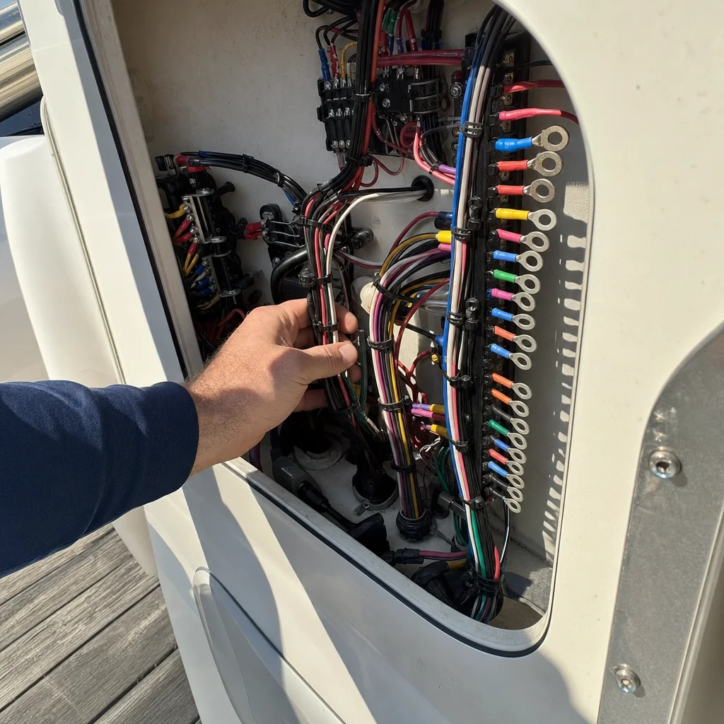 Technician's hand inspecting marine electrical panel with color-coded wiring and terminal connections.
