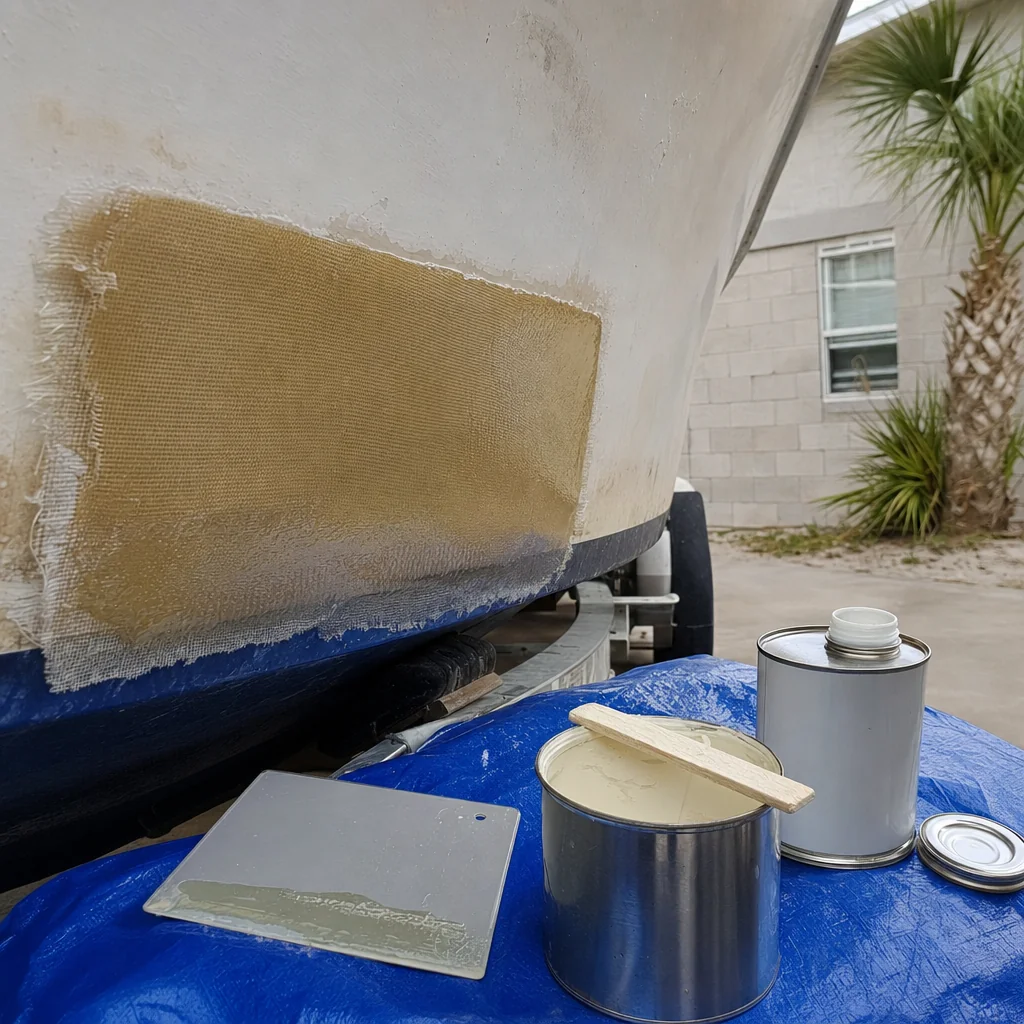 Fiberglass repair materials and gelcoat application on boat hull in residential driveway.