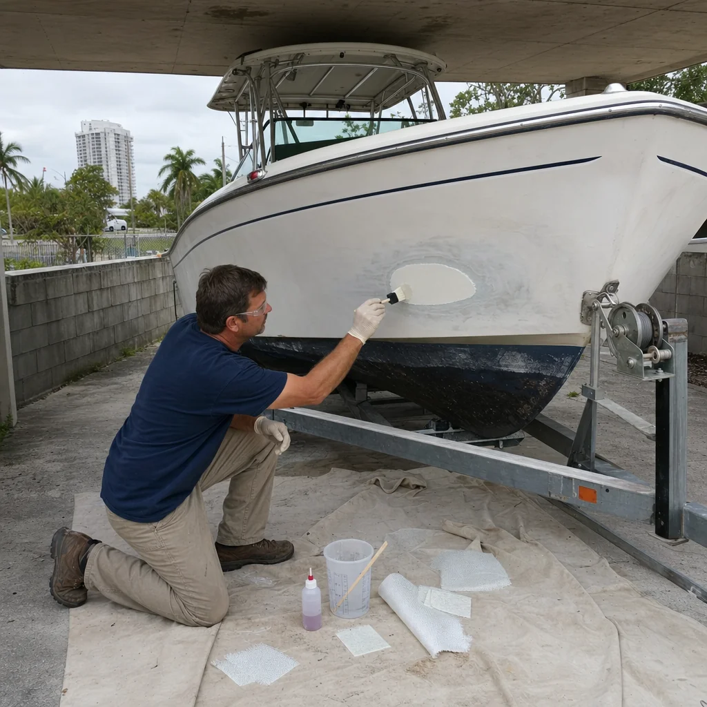 Technician inspecting fiberglass hull damage on boat during repair assessment.