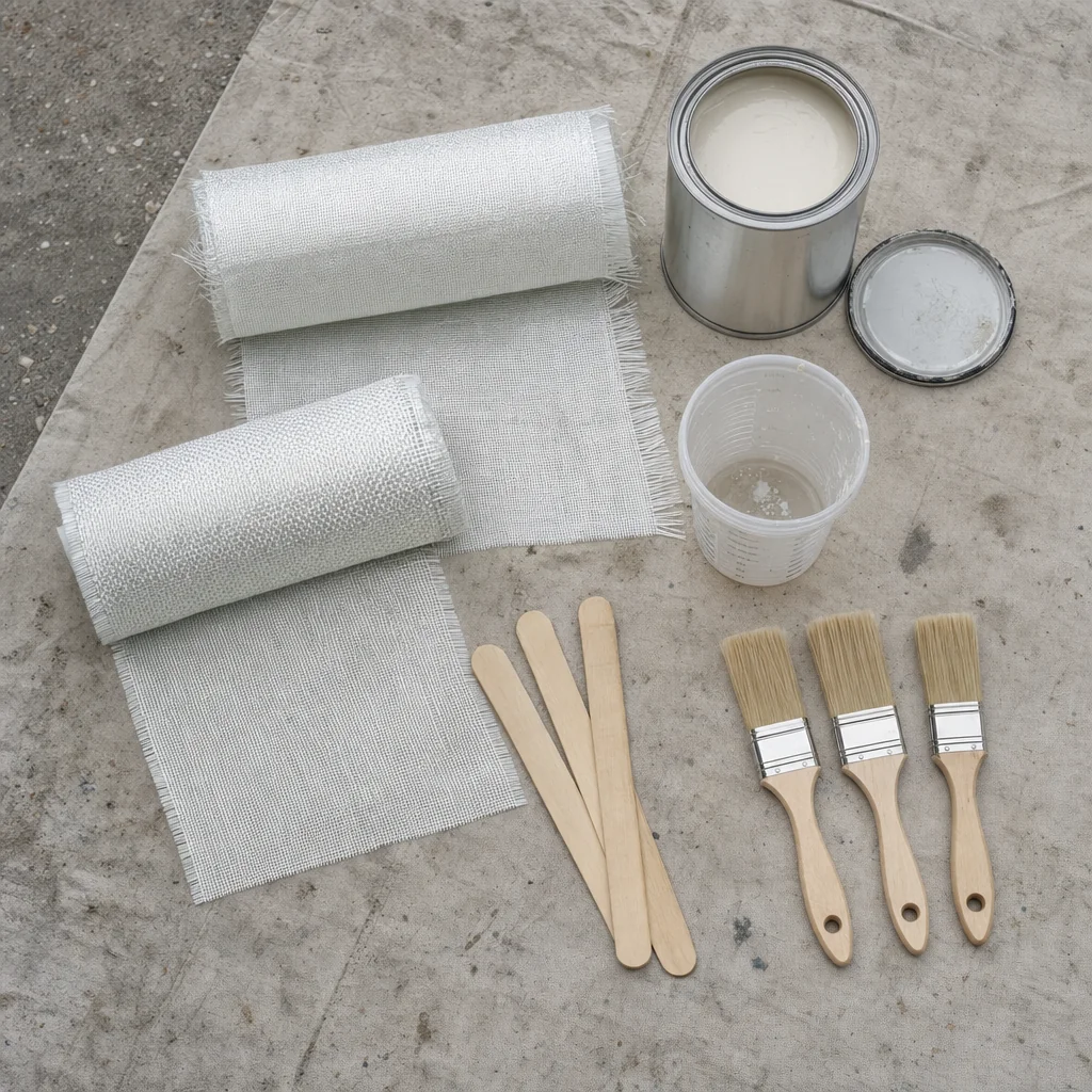 Fiberglass repair materials laid out on concrete: cloth rolls, gelcoat cans, brushes, and mixing tools.