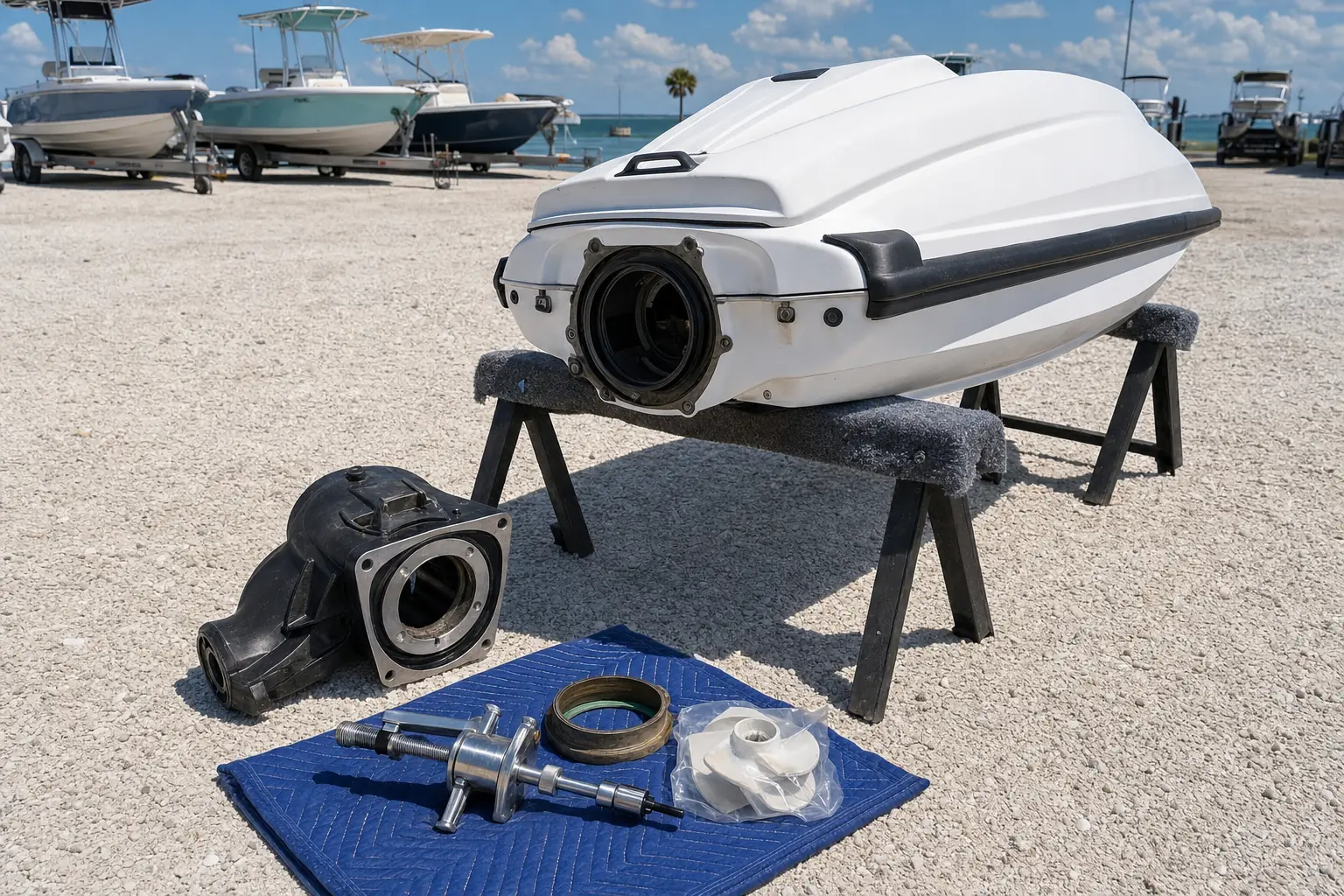 Jet ski engine components displayed on work mat at Panama City boat launch facility.