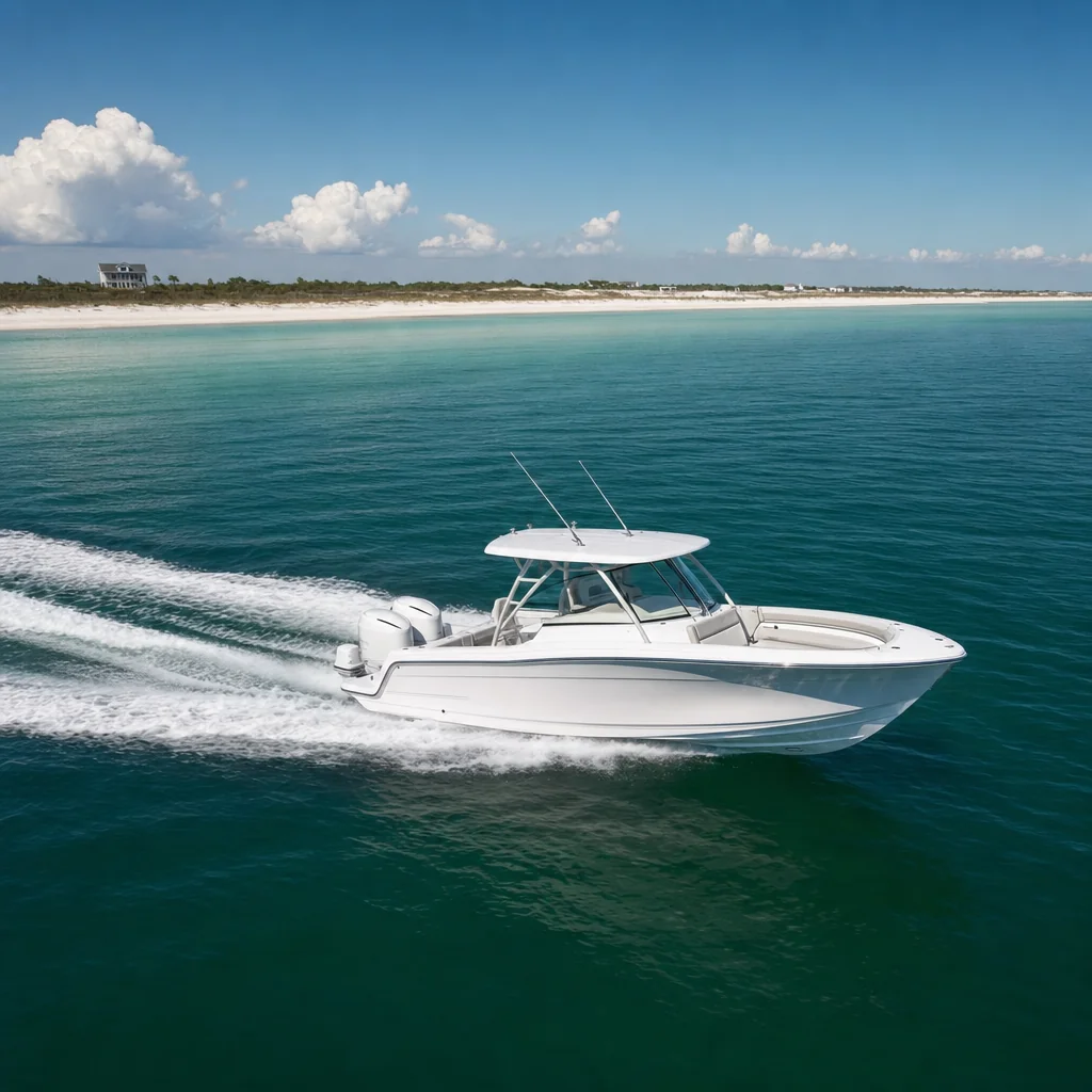 White center console boat running in shallow turquoise water near Panama City beach.