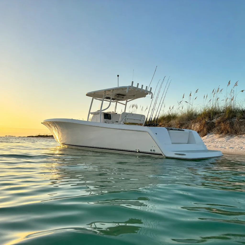 White fishing boat anchored in shallow coastal water at sunrise with sea oats visible on sandy shore.