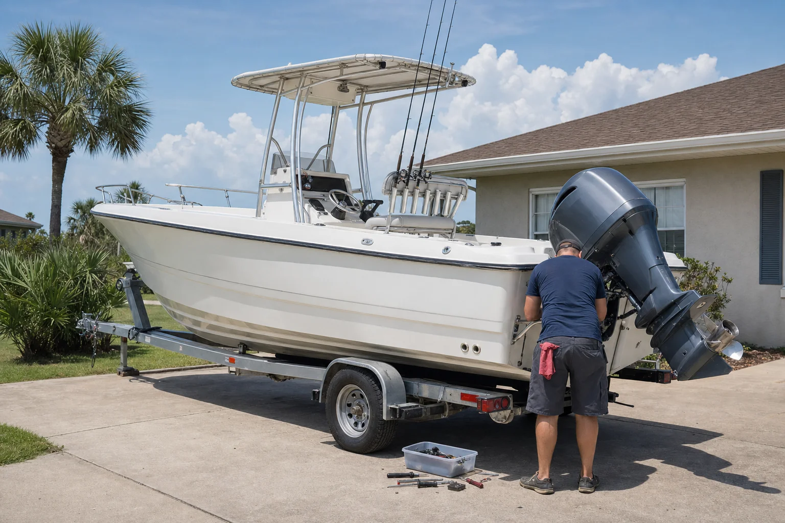 Technician inspects outboard motor on boat trailer in Panama City residential driveway.