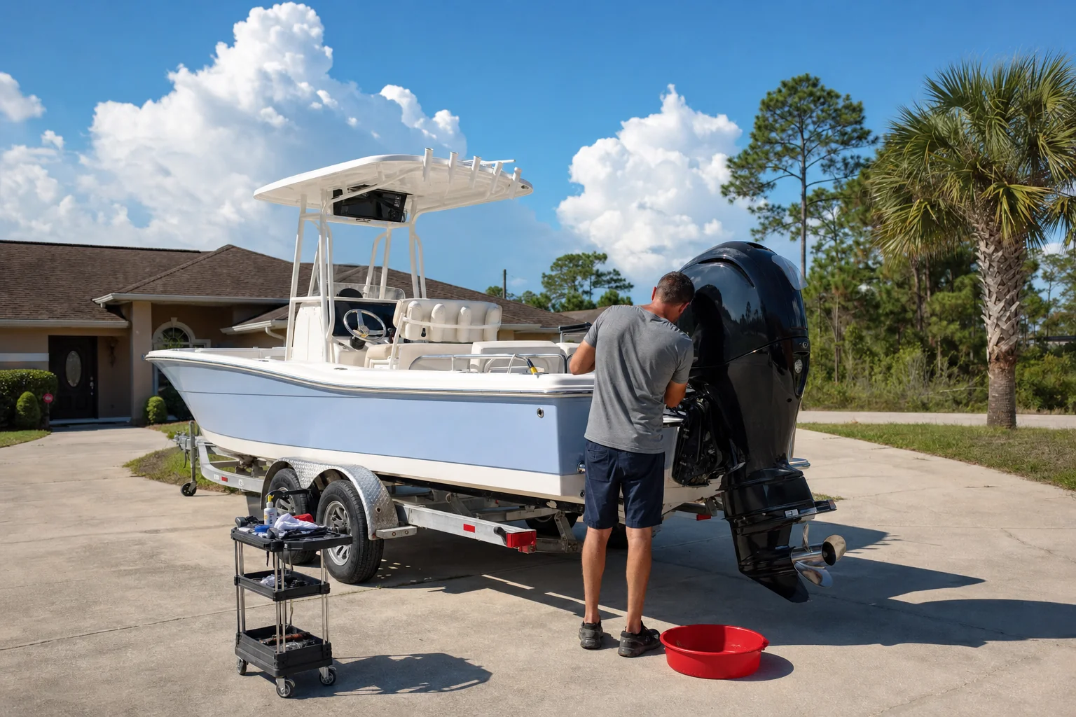Technician inspects outboard motor on boat trailer in residential driveway.