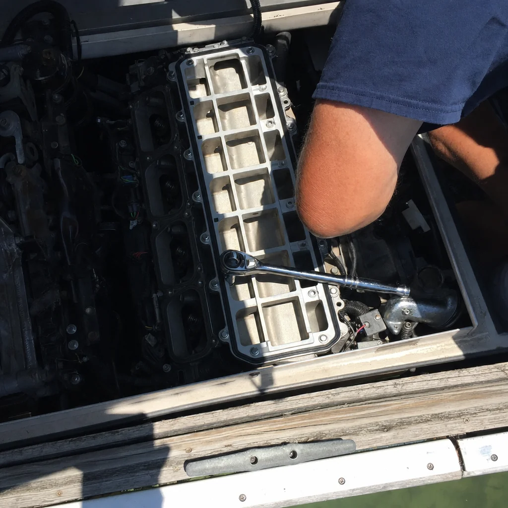 Technician's hand holding wrench on outboard engine component inside boat engine compartment.