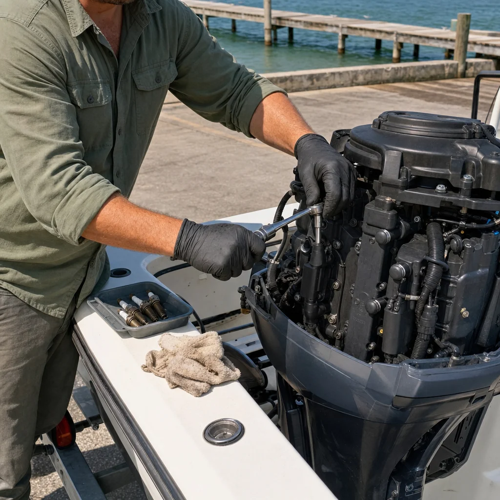 Technician in work shirt repairs outboard engine at Panama City dock with water and pilings visible.