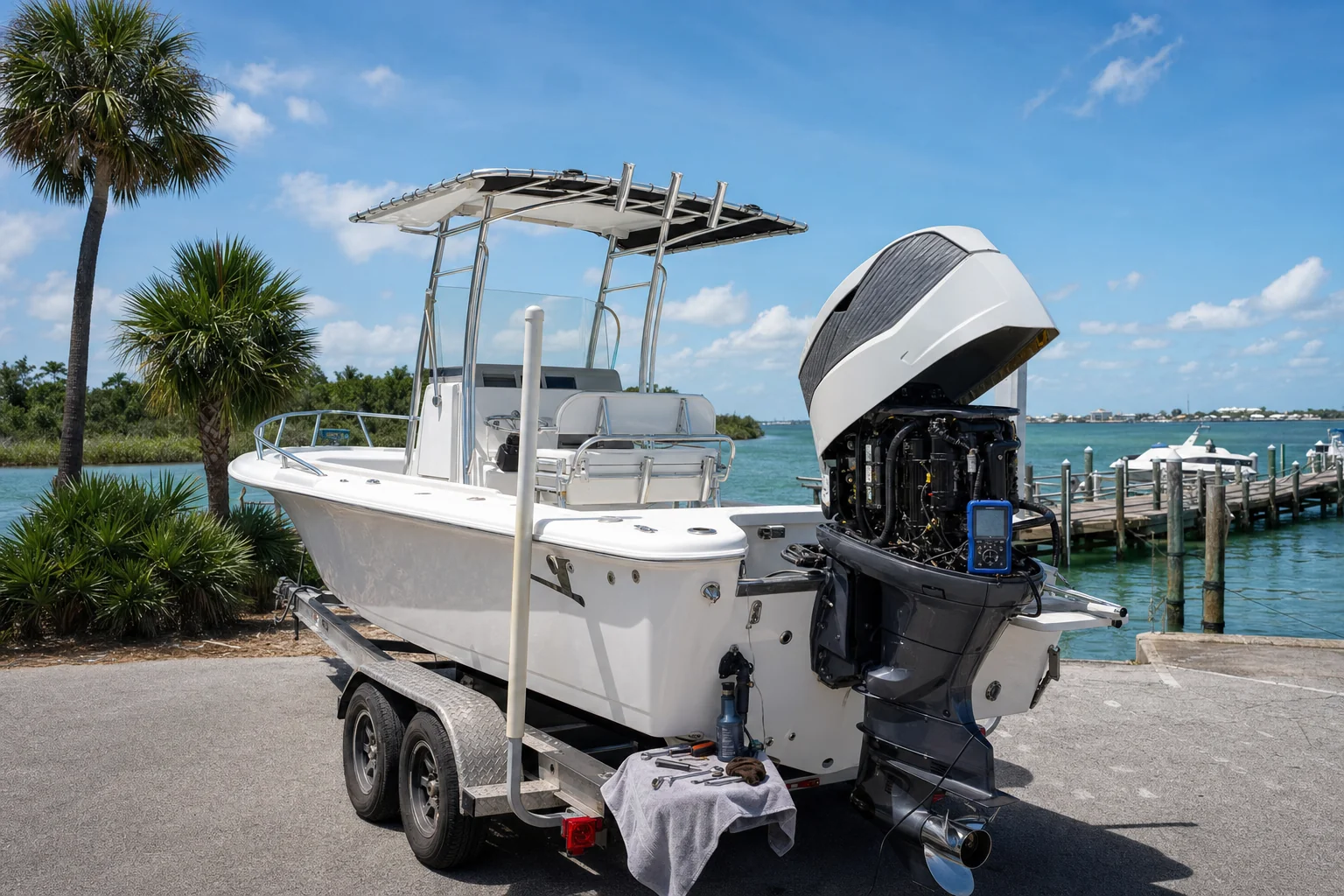 Outboard engine with open hood displayed on boat trailer at Panama City waterfront dock.