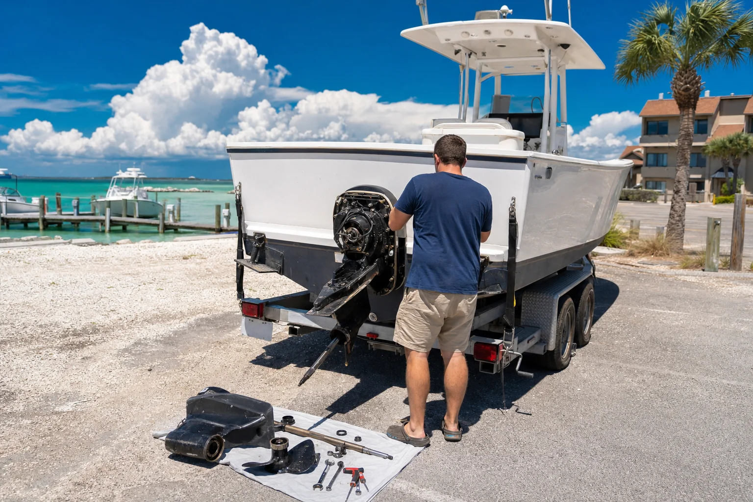 Technician services outboard motor on boat trailer at waterfront location with palms and docked vessels visible.
